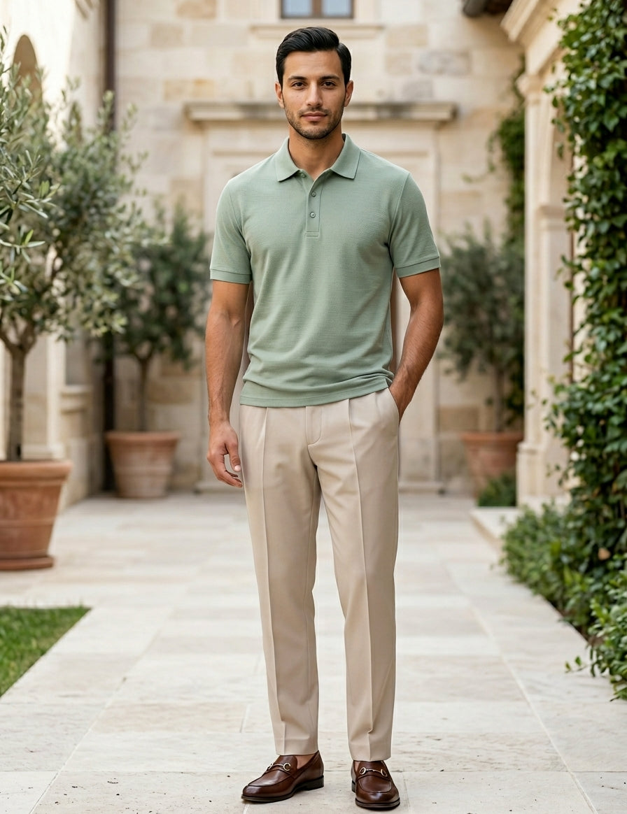 Man wearing a light green polo shirt and beige pants standing in an outdoor setting with stone walls and plants.
