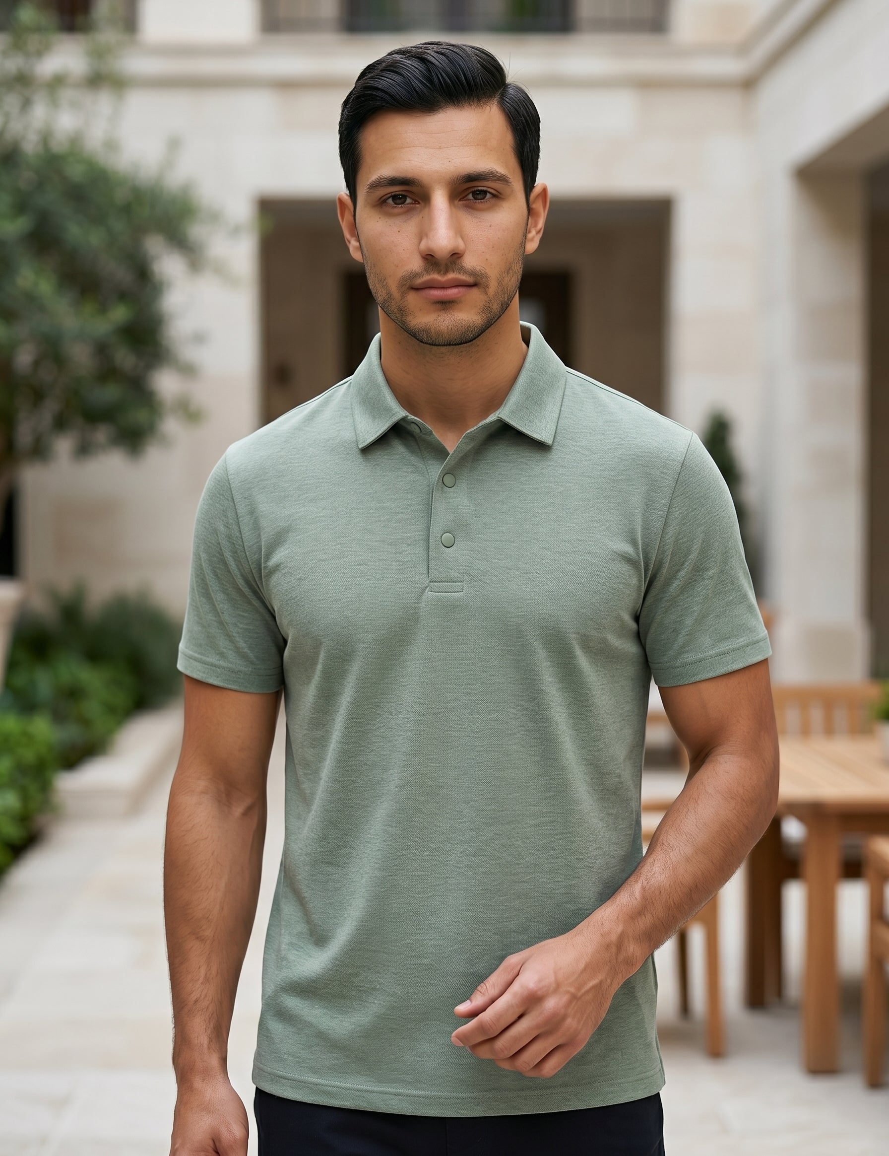 Man wearing a light green polo shirt standing outdoors.