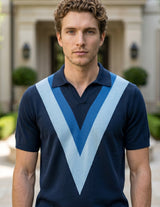 Man wearing a navy blue polo shirt with a large light blue 'V' pattern standing in front of a building.