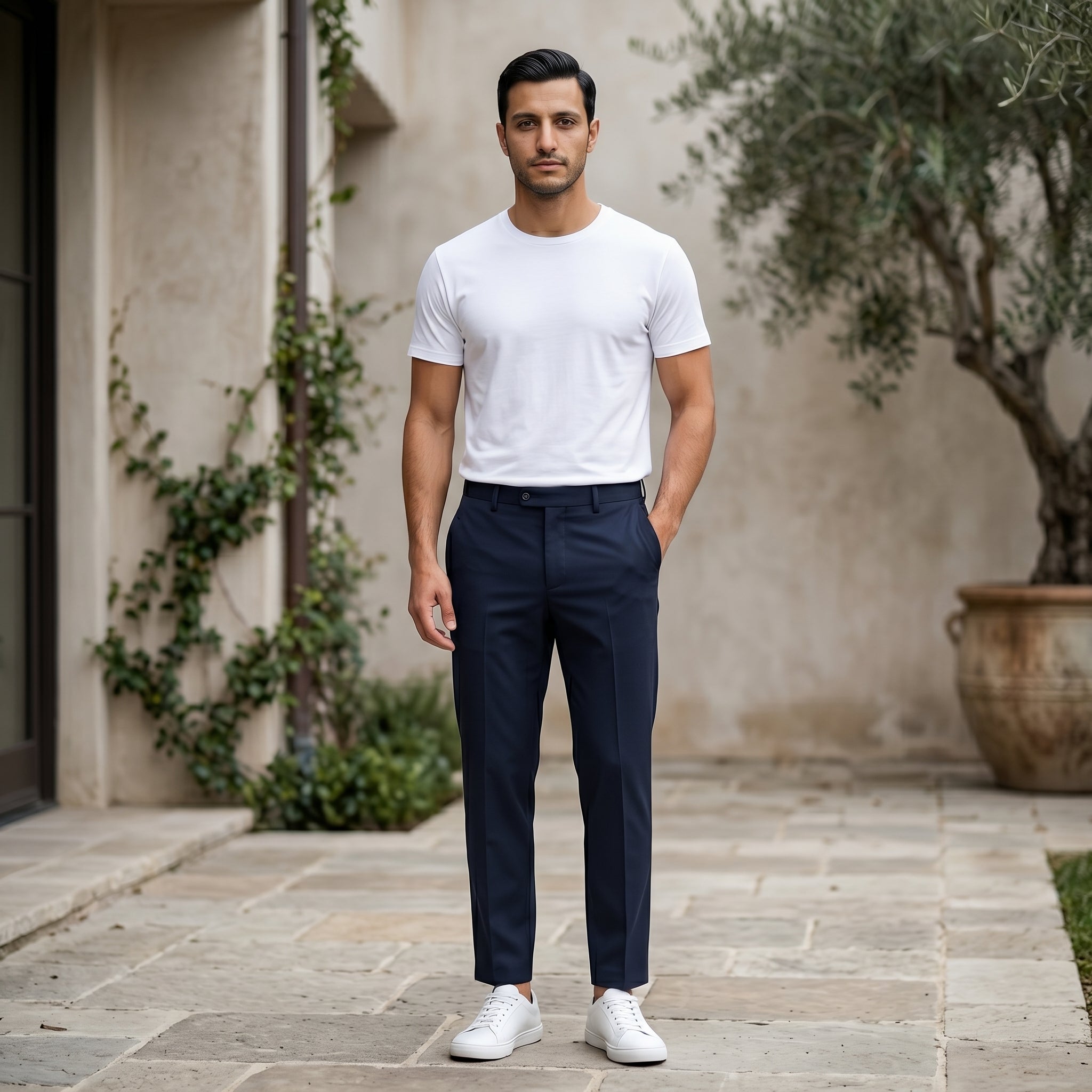 Man wearing a navy men’s pocketed tailored trousers with clean straight fit
