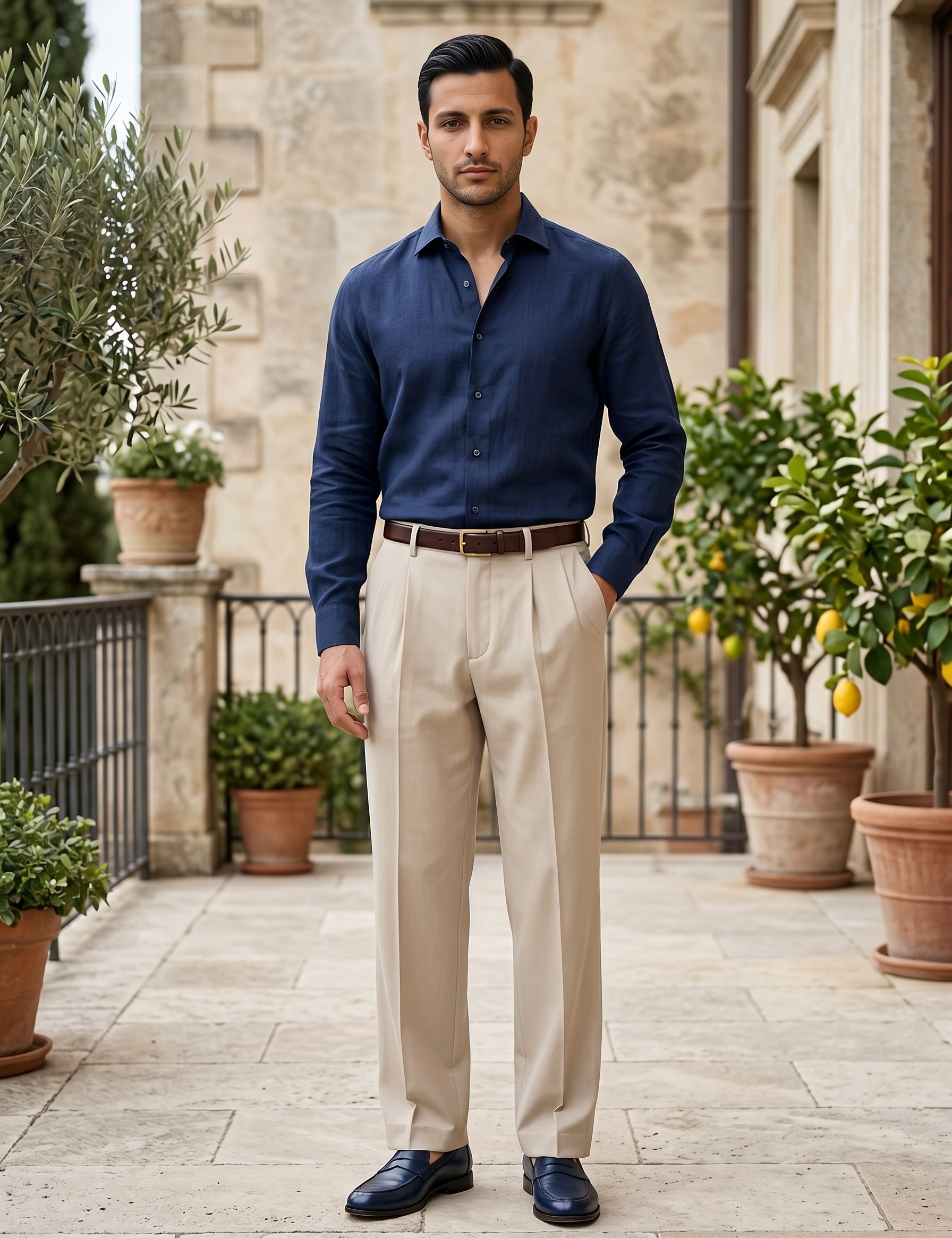 Man wearing a navy shirt and beige pants standing in an outdoor setting with plants and stone walls.