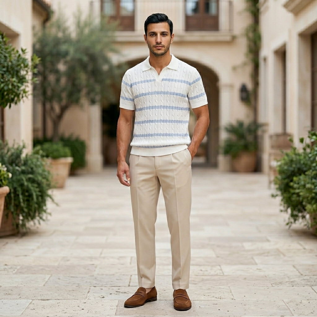 Man wearing a striped polo shirt and beige pants standing in an outdoor setting with plants and buildings.