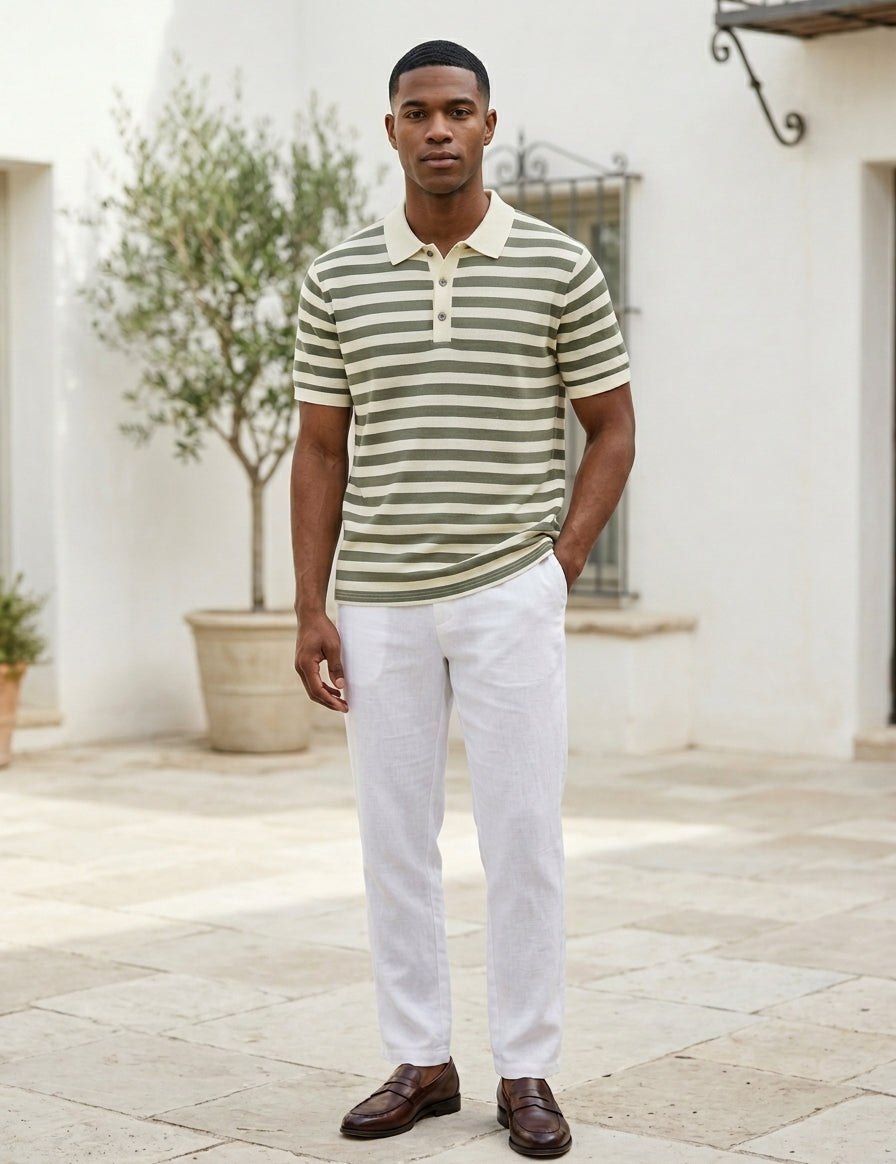 Man wearing a striped polo shirt and white pants standing outdoors.