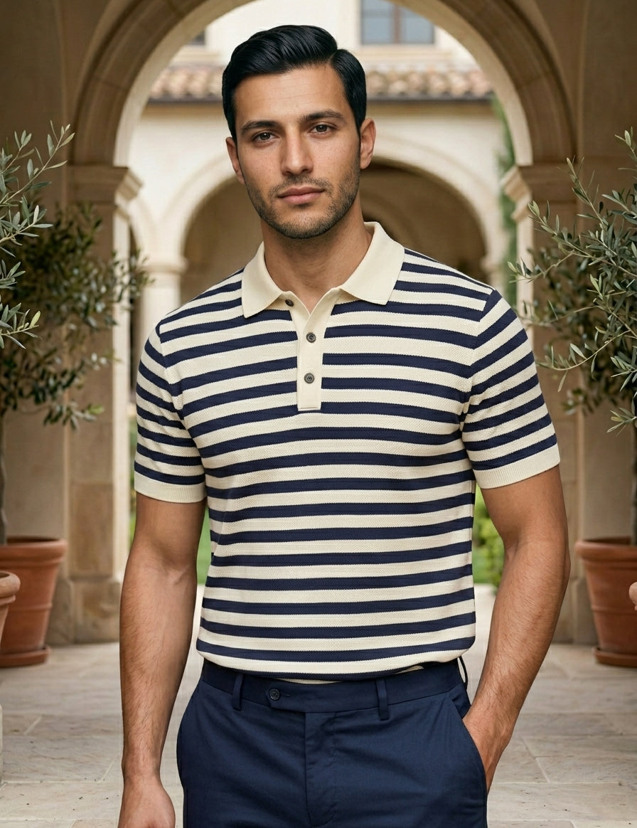 Man wearing a striped polo shirt standing in an outdoor setting with arches and plants.