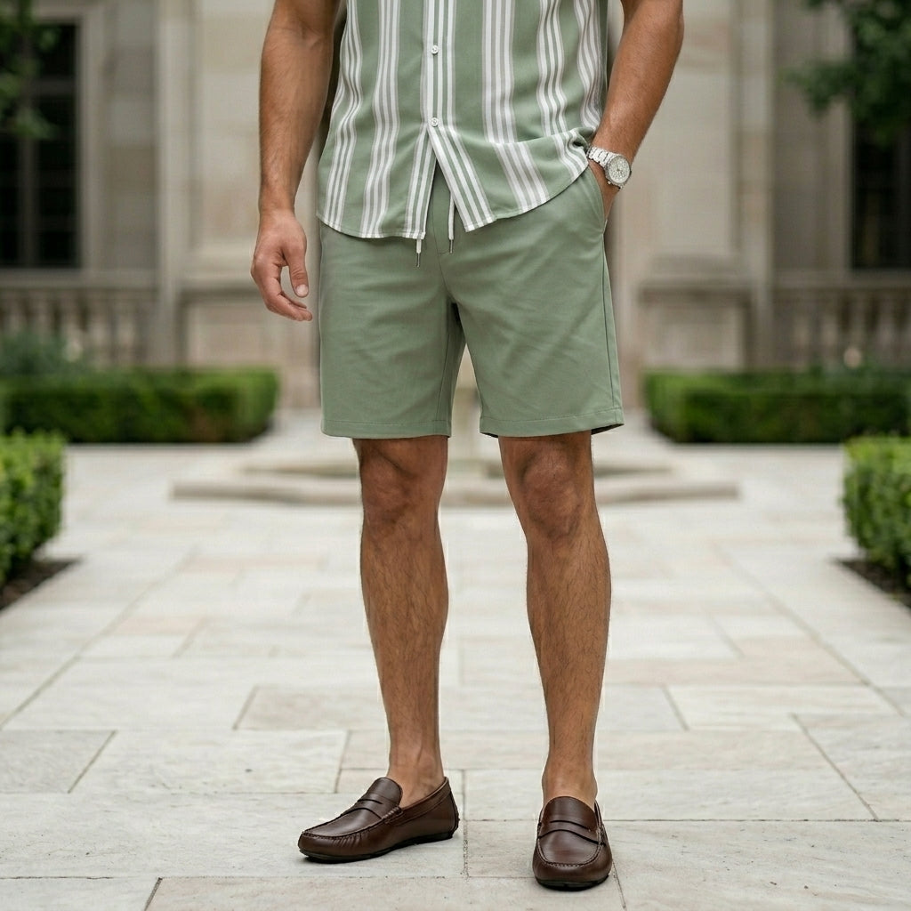Man wearing a striped shirt and green shorts standing outdoors.