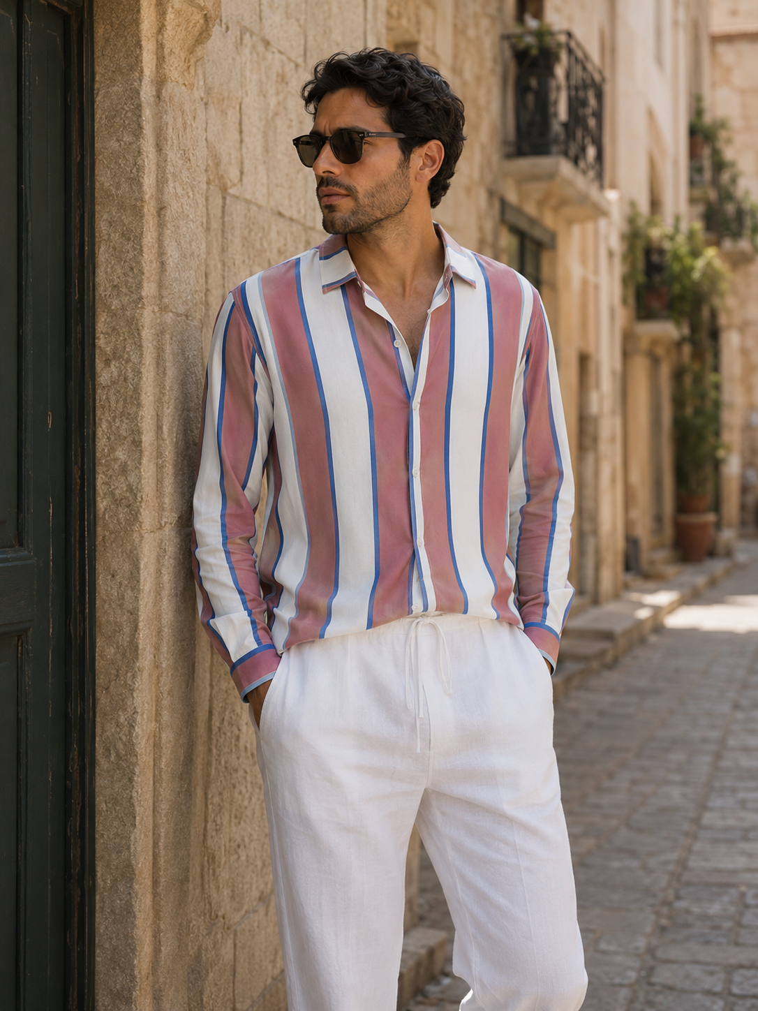 Man wearing a striped shirt and sunglasses standing on a street.