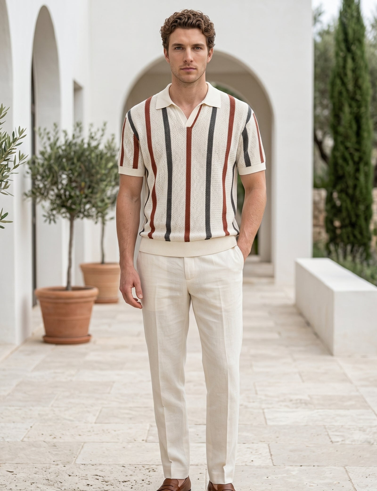 Man wearing a striped shirt and white pants standing in a sunlit outdoor setting with plants and arches.