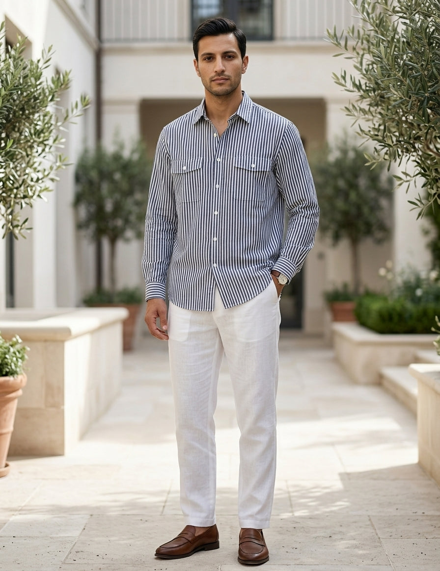 Man wearing a striped shirt and white pants standing in an outdoor setting with plants.