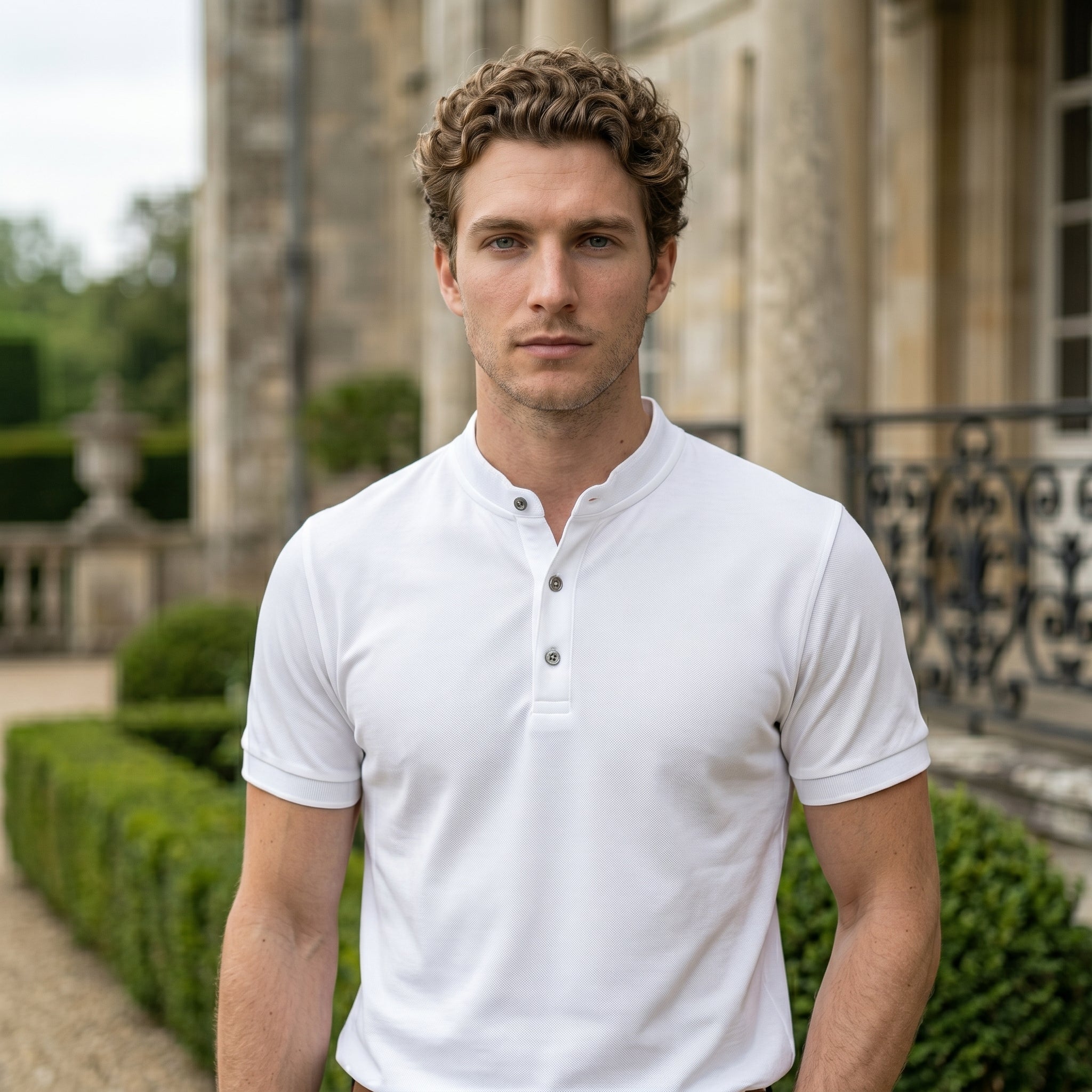 Man wearing a white polo shirt standing in front of a classical building with greenery.