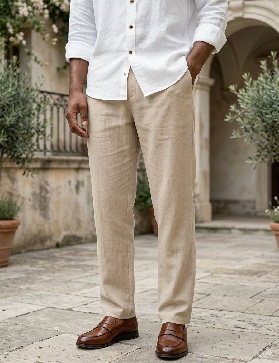 Man wearing a white shirt and beige pants with brown shoes in an outdoor setting.