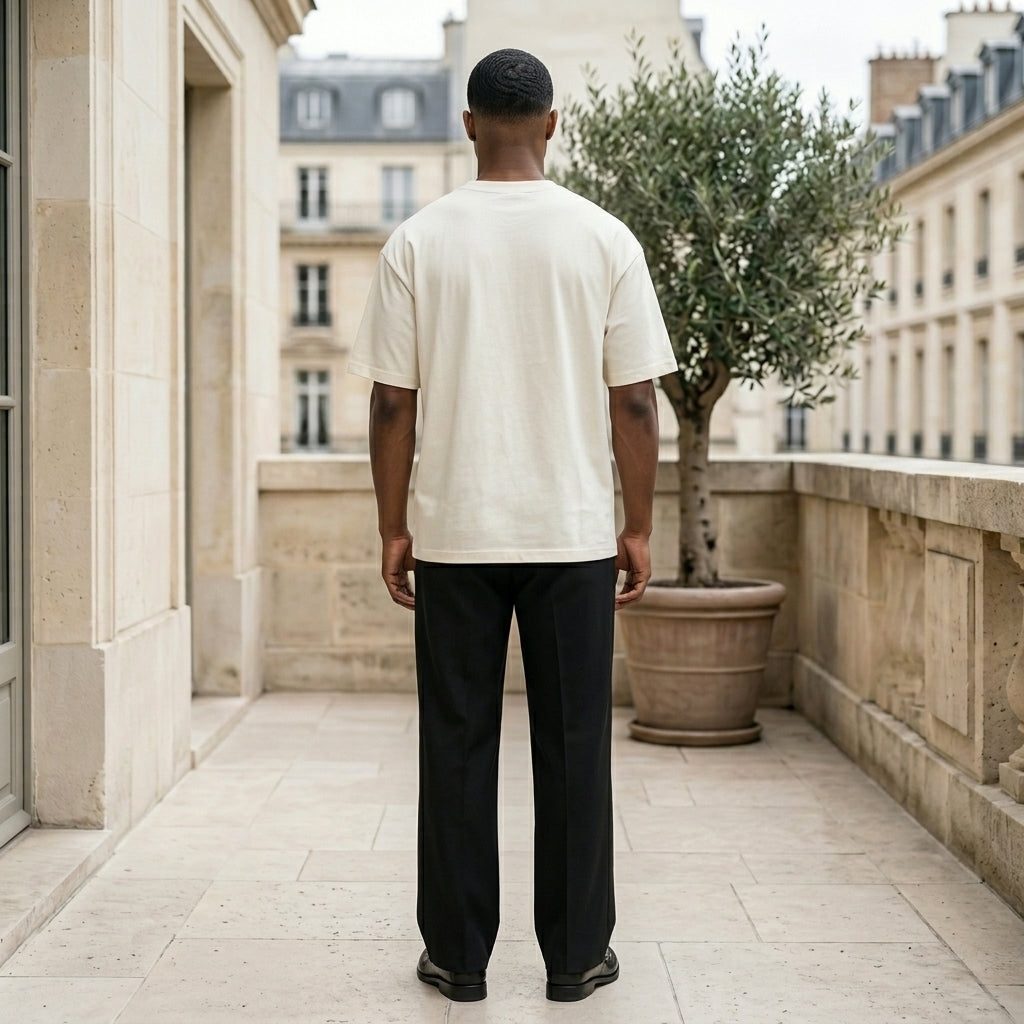 Man wearing a white t-shirt and black pants standing on a stone patio with classical architecture in the background.