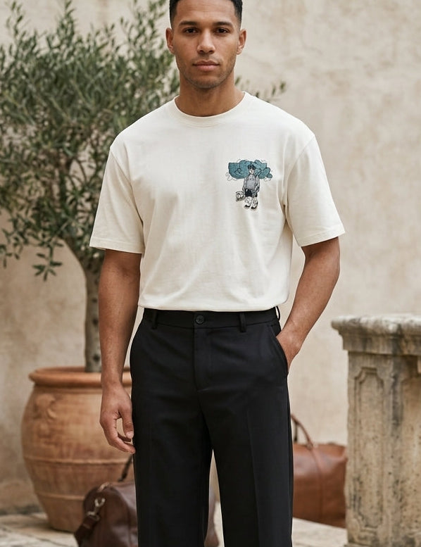 Cream white men’s cotton crew neck T-shirt with small chest graphic