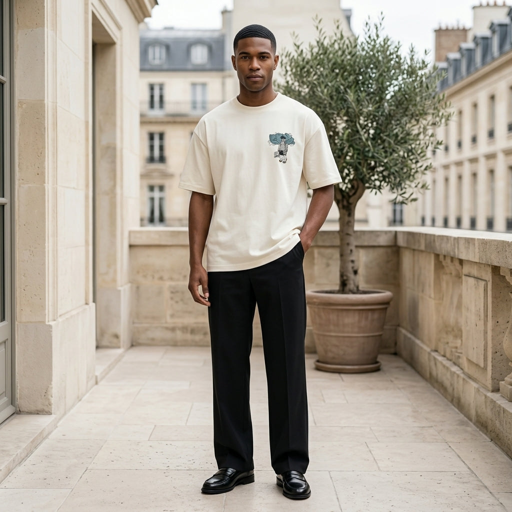 Man wearing a white t-shirt with a graphic design in an urban setting
