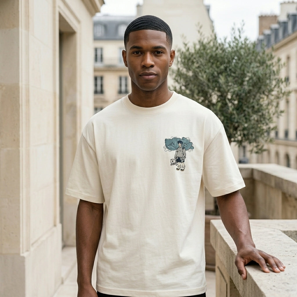Man wearing a white t-shirt with a graphic design in an urban setting