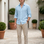 Marina - Light blue men’s textured long sleeve summer shirt, full outfit hero