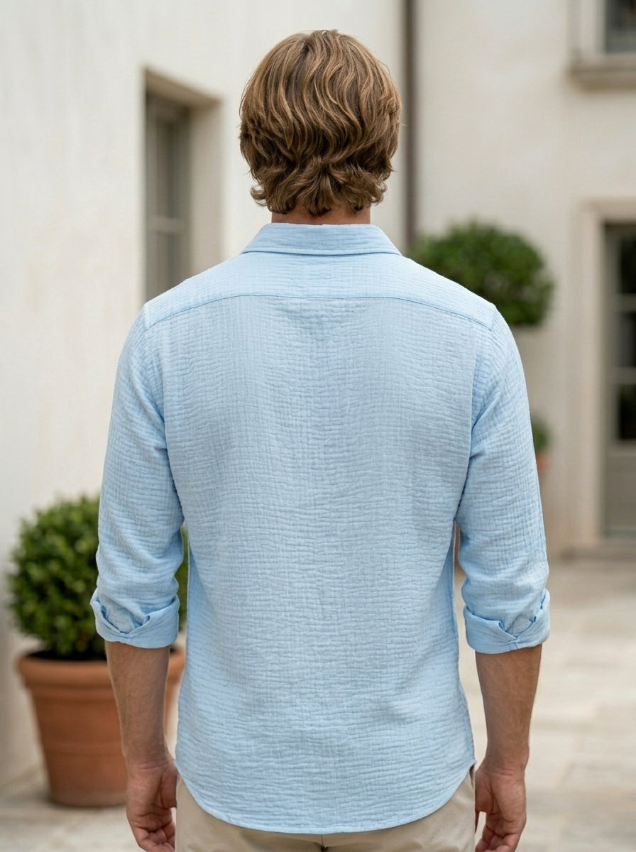 Marina - Light blue men’s textured long sleeve summer shirt, top back veiw