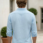 Marina - Light blue men’s textured long sleeve summer shirt, top back veiw
