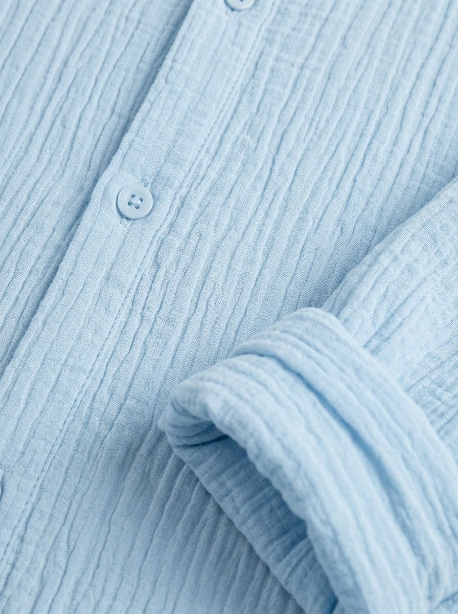 Marina - Light blue men’s textured long sleeve summer shirt, top fabric detail