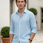 Marina - Light blue men’s textured long sleeve summer shirt, upper body hero