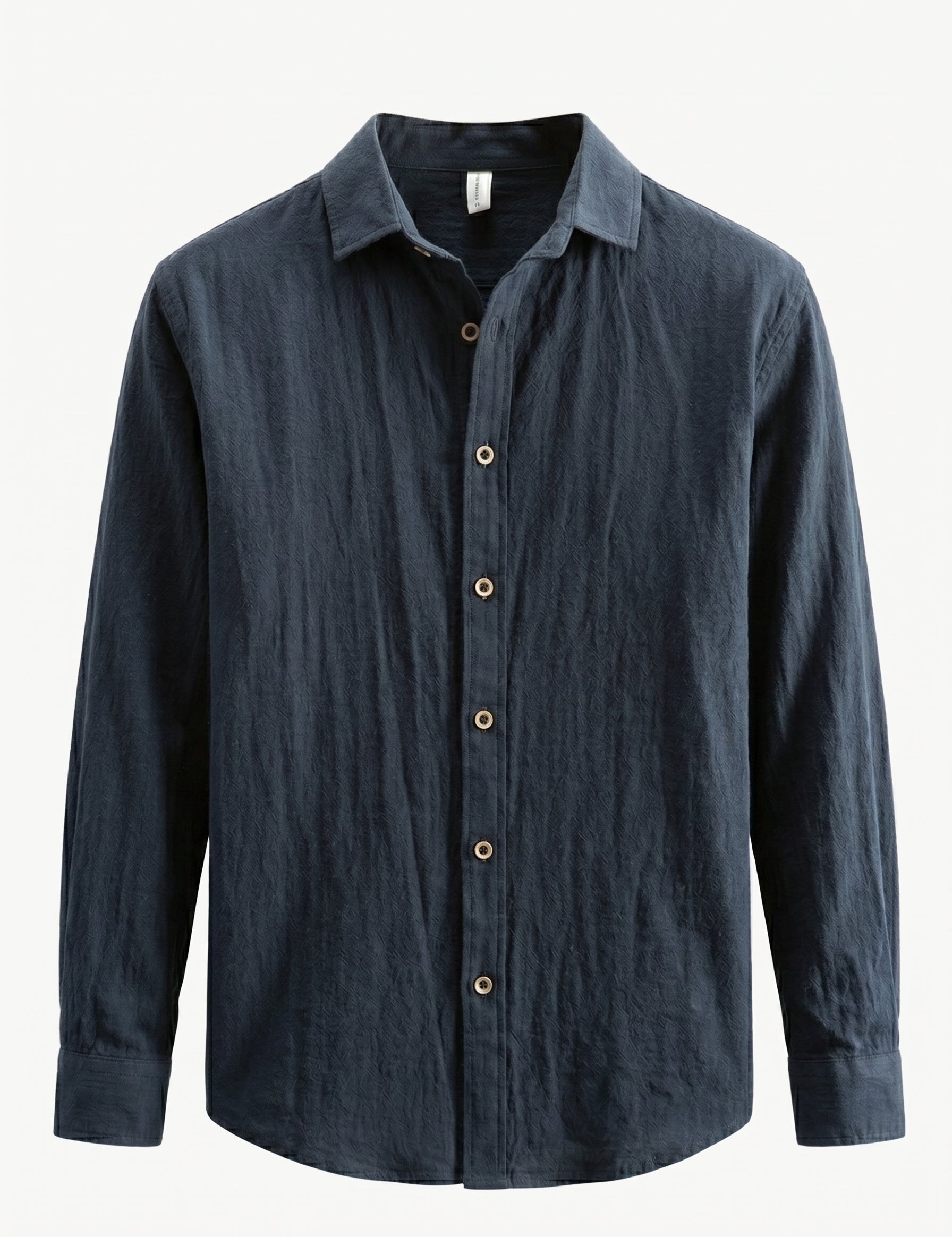 Dark blue button-up shirt on a white background