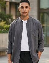 Milo - Charcoal gray men’s cotton-blend band collar shirt - Upper body hero