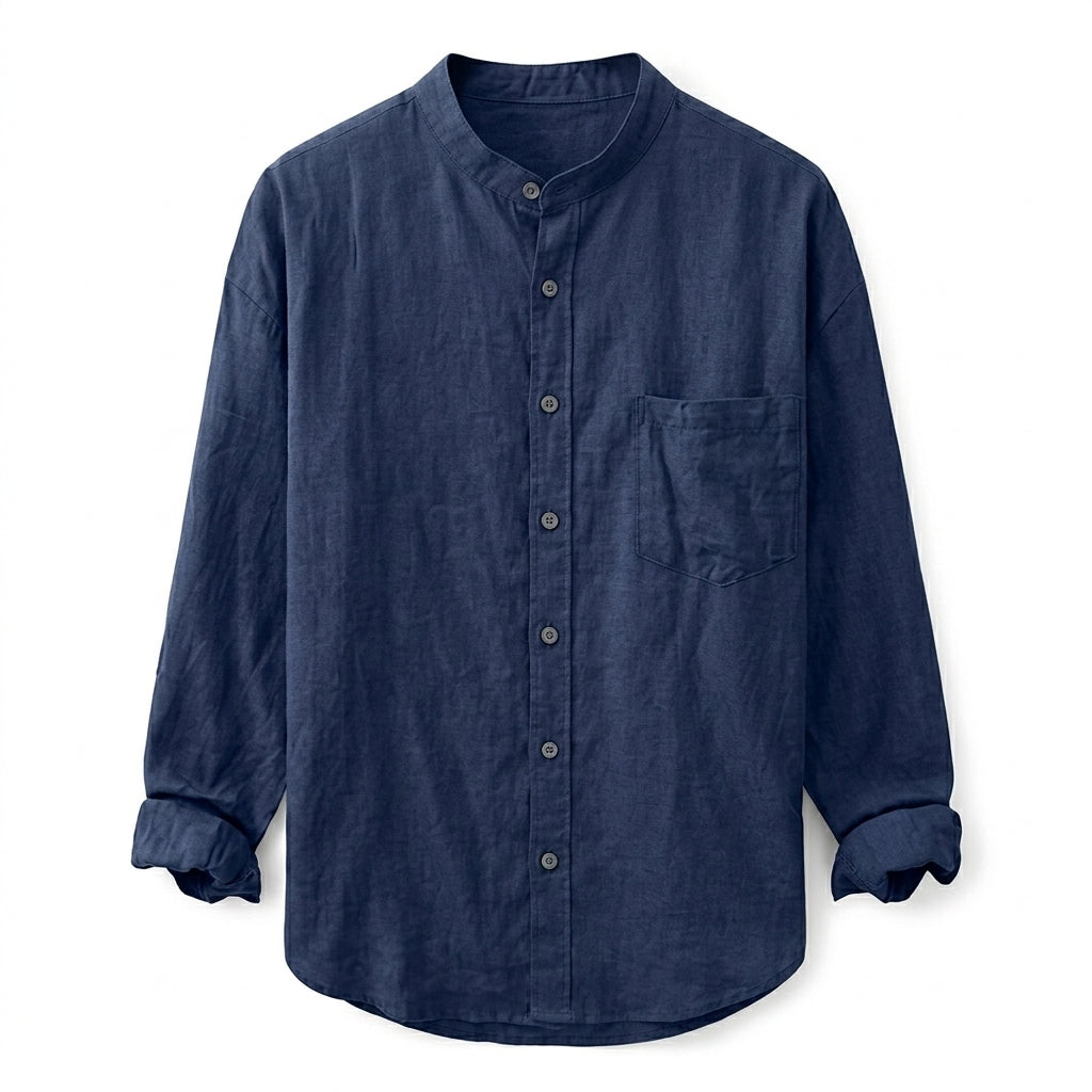 Milo - Navy blue men’s buttoned band collar summer shirt