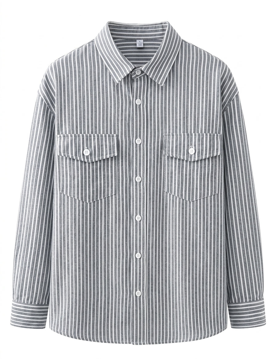 Modena - Gray striped men’s cotton-blend long sleeve pocket shirt