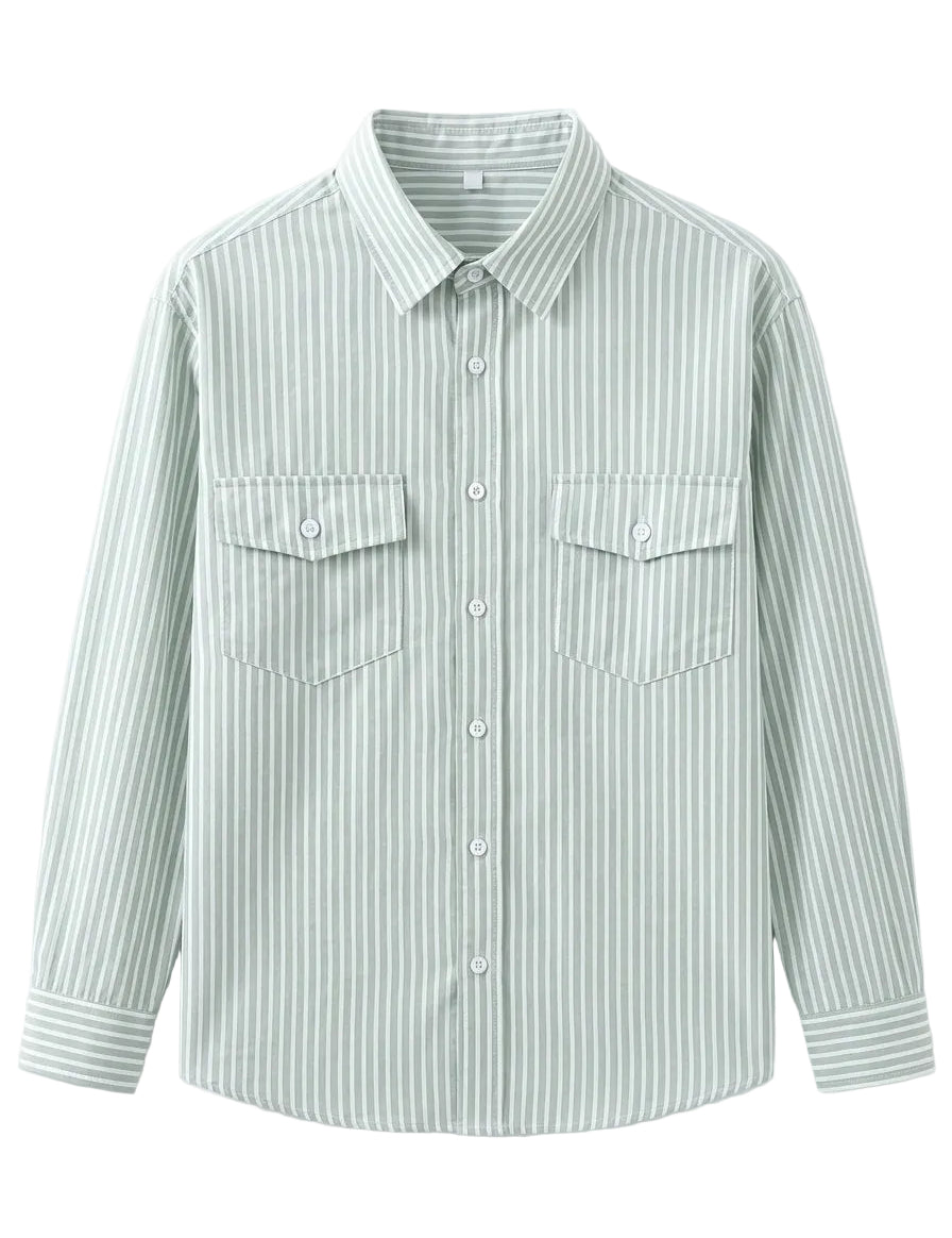 Modena - Mint Green striped men’s cotton-blend long sleeve pocket shirt