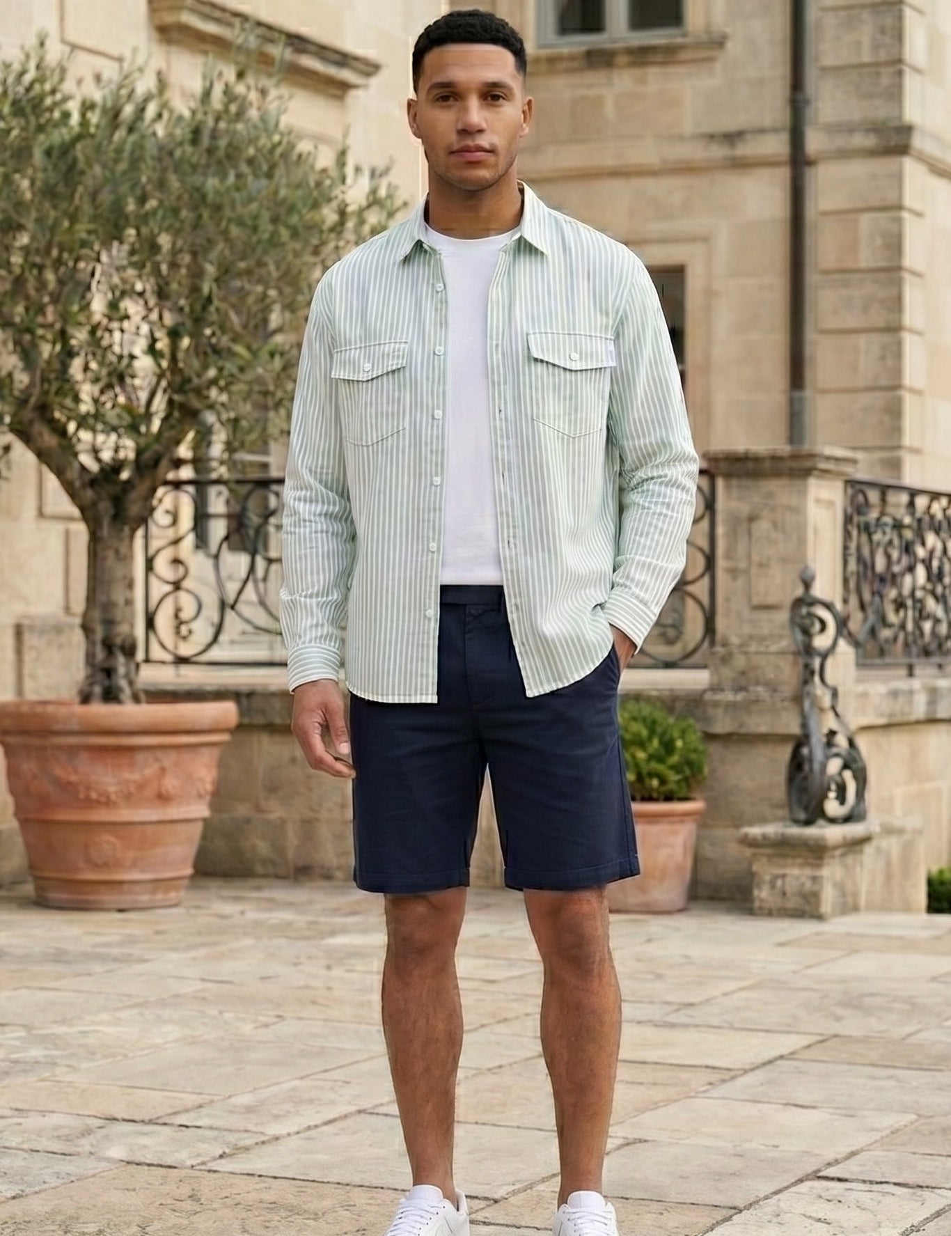 Modena - Mint Green striped men’s cotton-blend long sleeve pocket shirt, full outfit hero