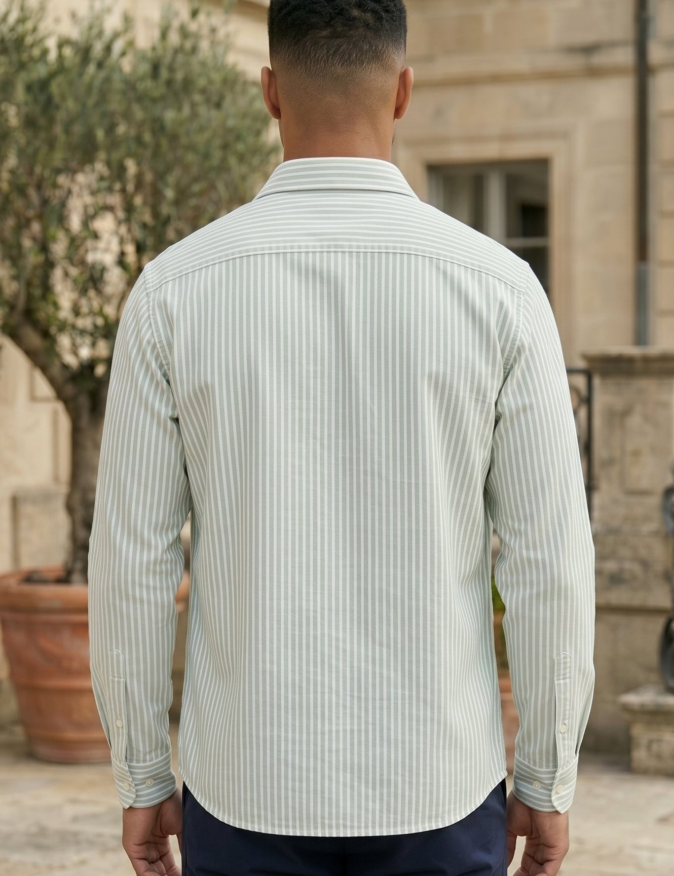 Modena - Mint Green striped men’s cotton-blend long sleeve pocket shirt, top back view