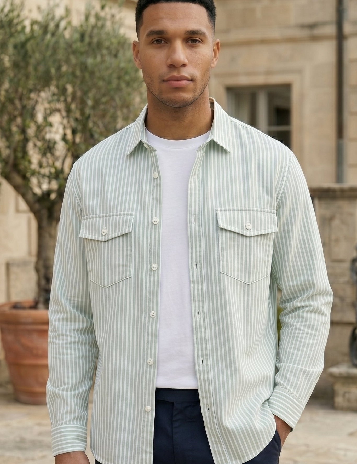 Modena - Mint Green striped men’s cotton-blend long sleeve pocket shirt, upper body hero