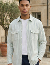 Modena - Mint Green striped men’s cotton-blend long sleeve pocket shirt, upper body hero