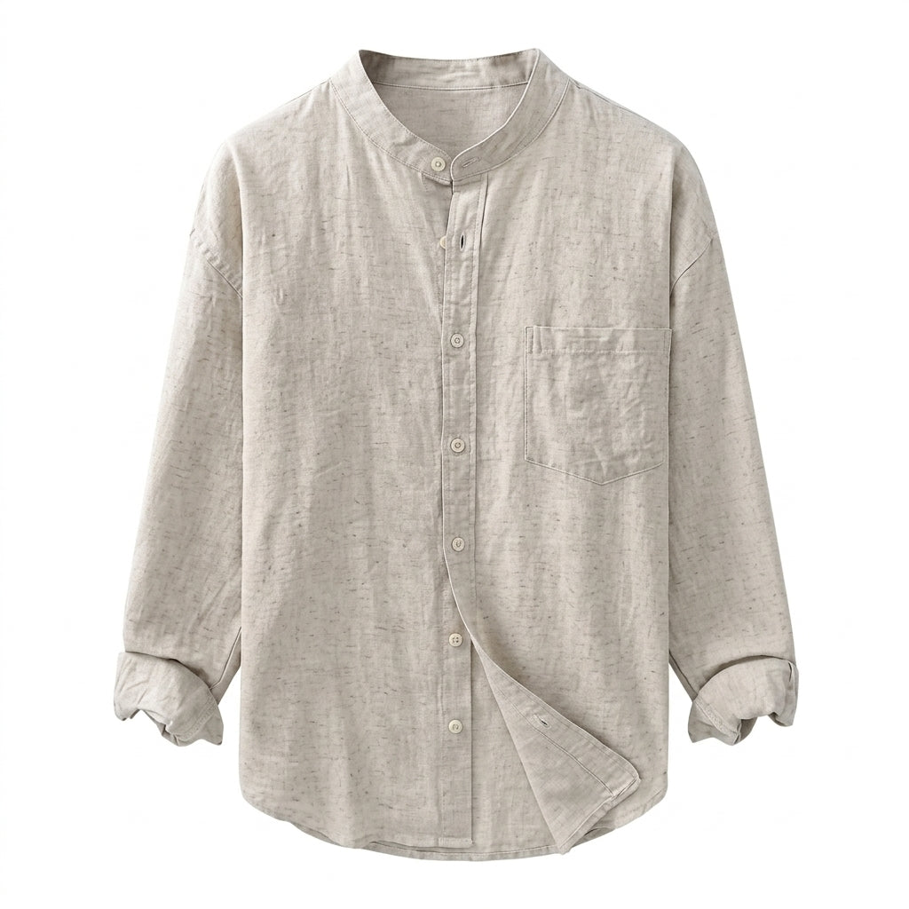 Natural beige men’s cotton-blend band collar shirt