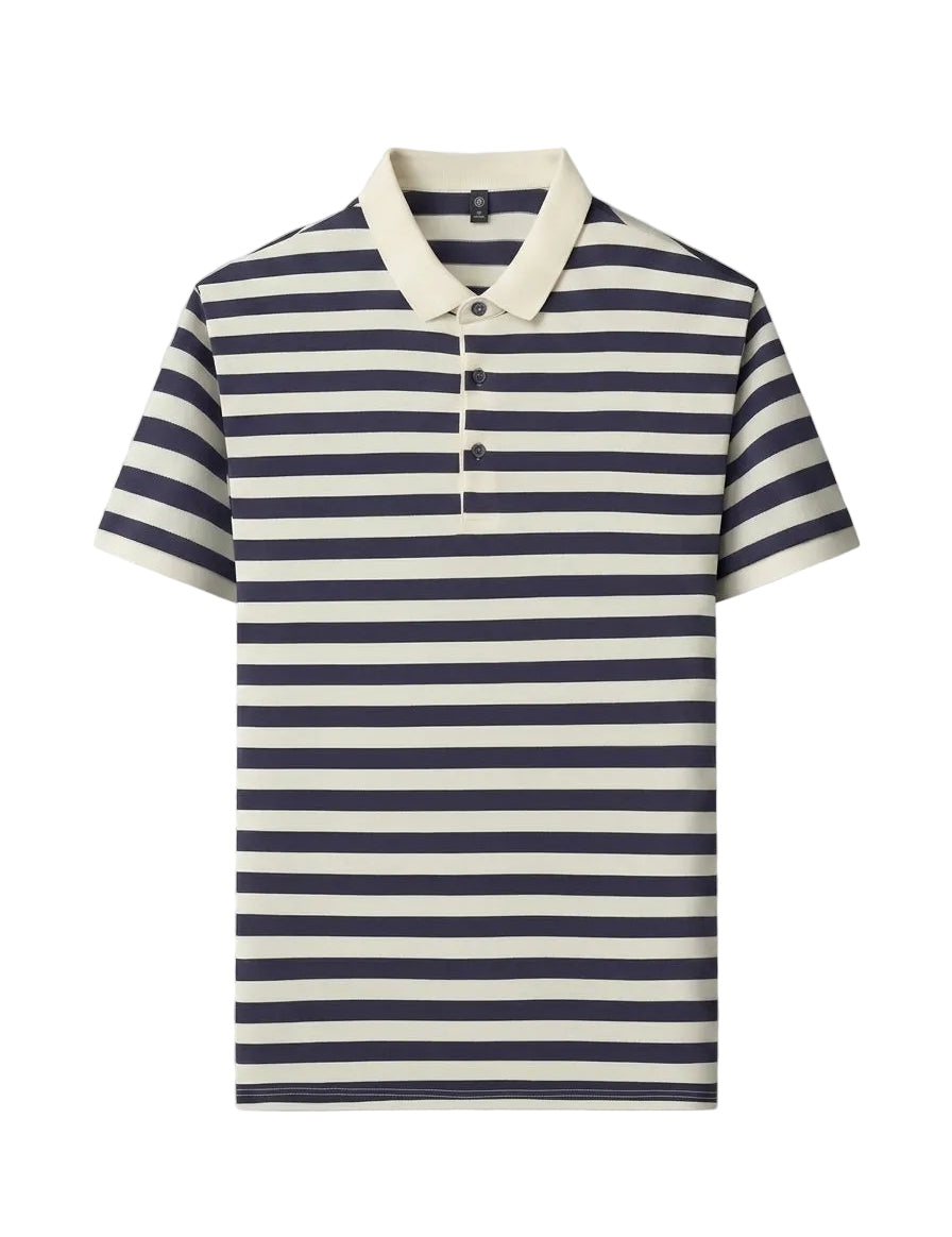 Navy and white striped polo shirt on a light gray background