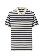 Navy and white striped polo shirt on a light gray background