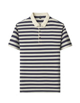 Navy and white striped polo shirt on a light gray background