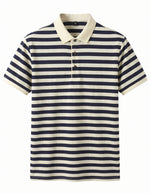 Navy and white striped polo shirt on a white background
