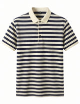 Navy and white striped polo shirt on a white background