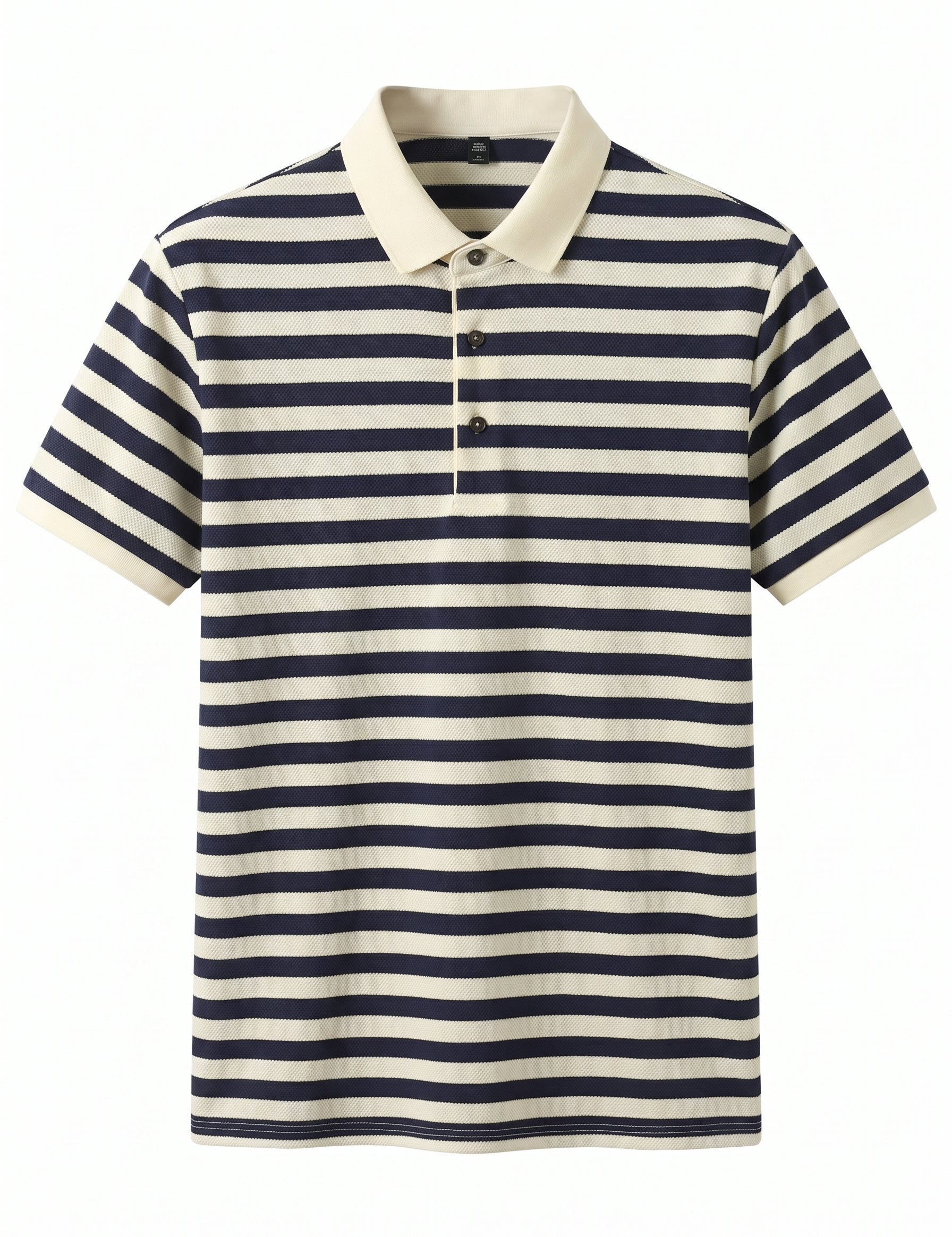 Navy and white striped polo shirt on a white background