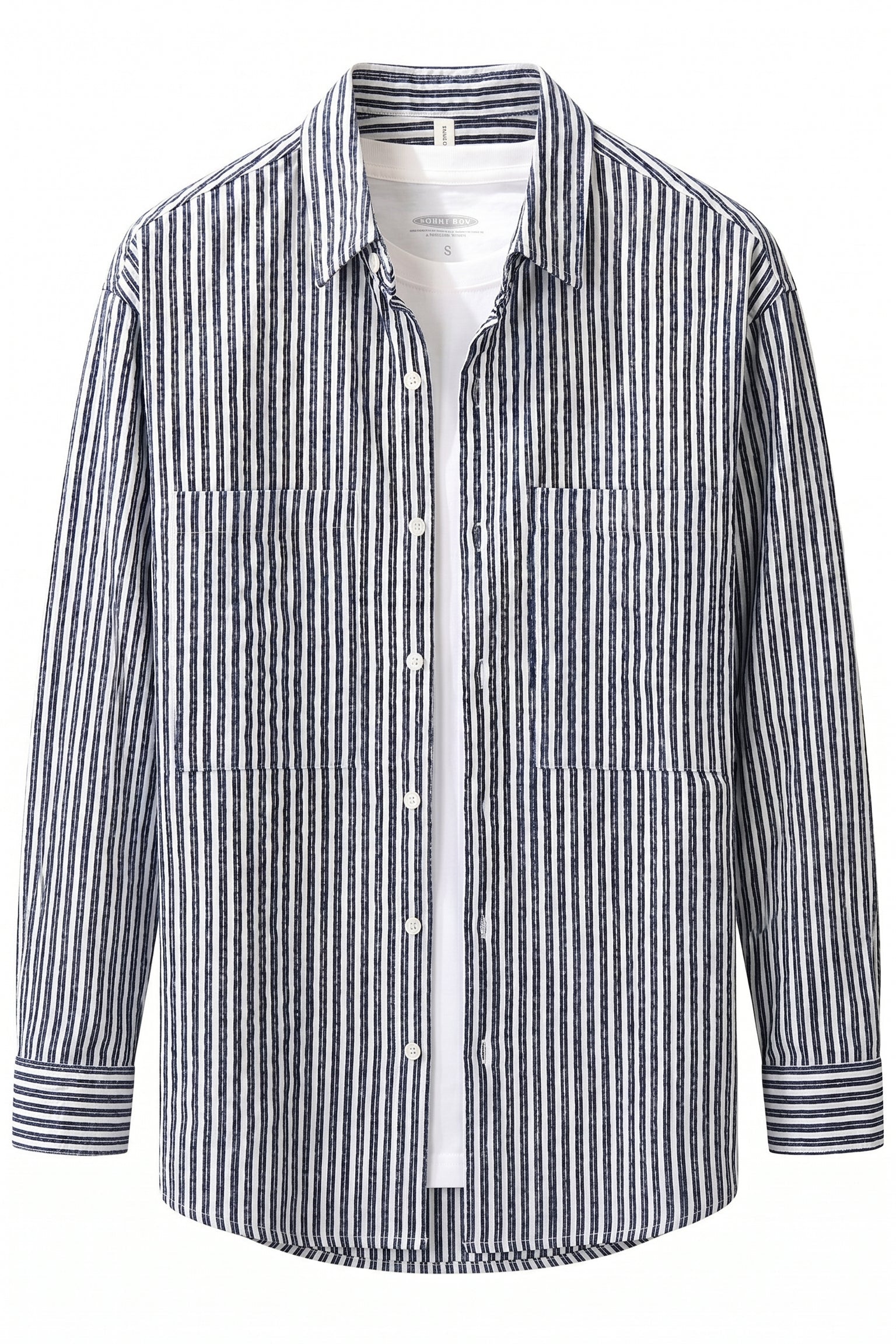 Navy and white striped men’s cotton-blend button-up shirt