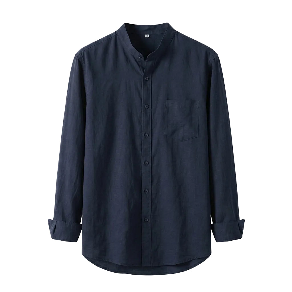 Navy blue button-up shirt on a white background