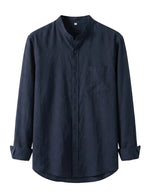 Navy blue button-up shirt on a white background