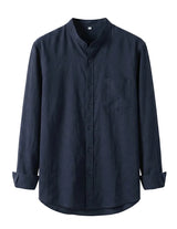 Navy blue button-up shirt on a white background
