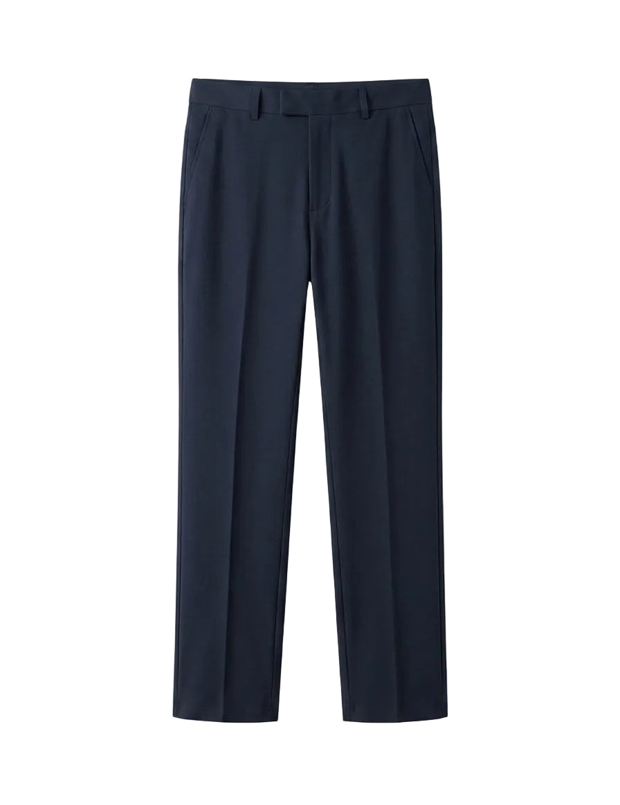 Navy blue dress pants on a light gray background