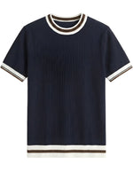 Navy blue men’s ribbed knit T-shirt with white and brown trim
