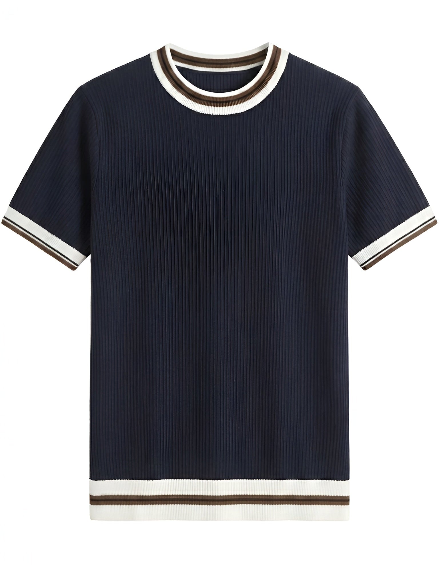 Navy blue men’s ribbed knit T-shirt with white and brown trim