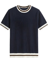 Navy blue men’s ribbed knit T-shirt with white and brown trim
