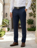 Navy blue men’s stretch straight-leg trousers with belt loops bottom view