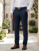 Navy blue men’s stretch straight-leg trousers with belt loops bottom view