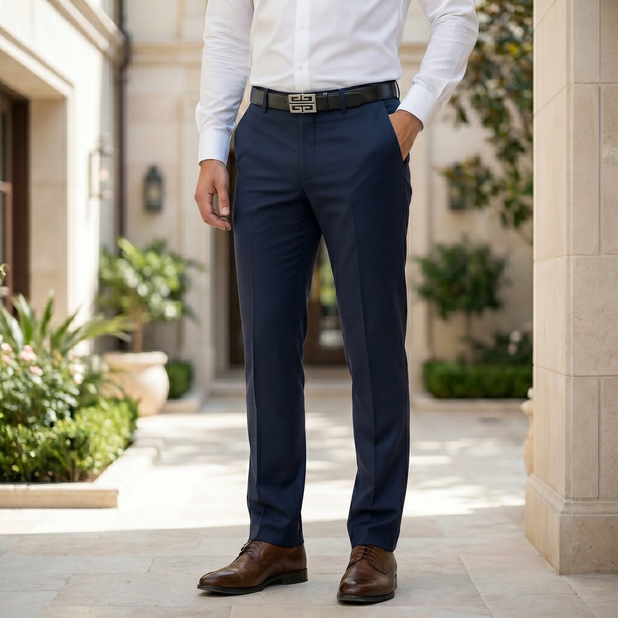Navy blue men’s stretch straight-leg trousers with belt loops bottom view